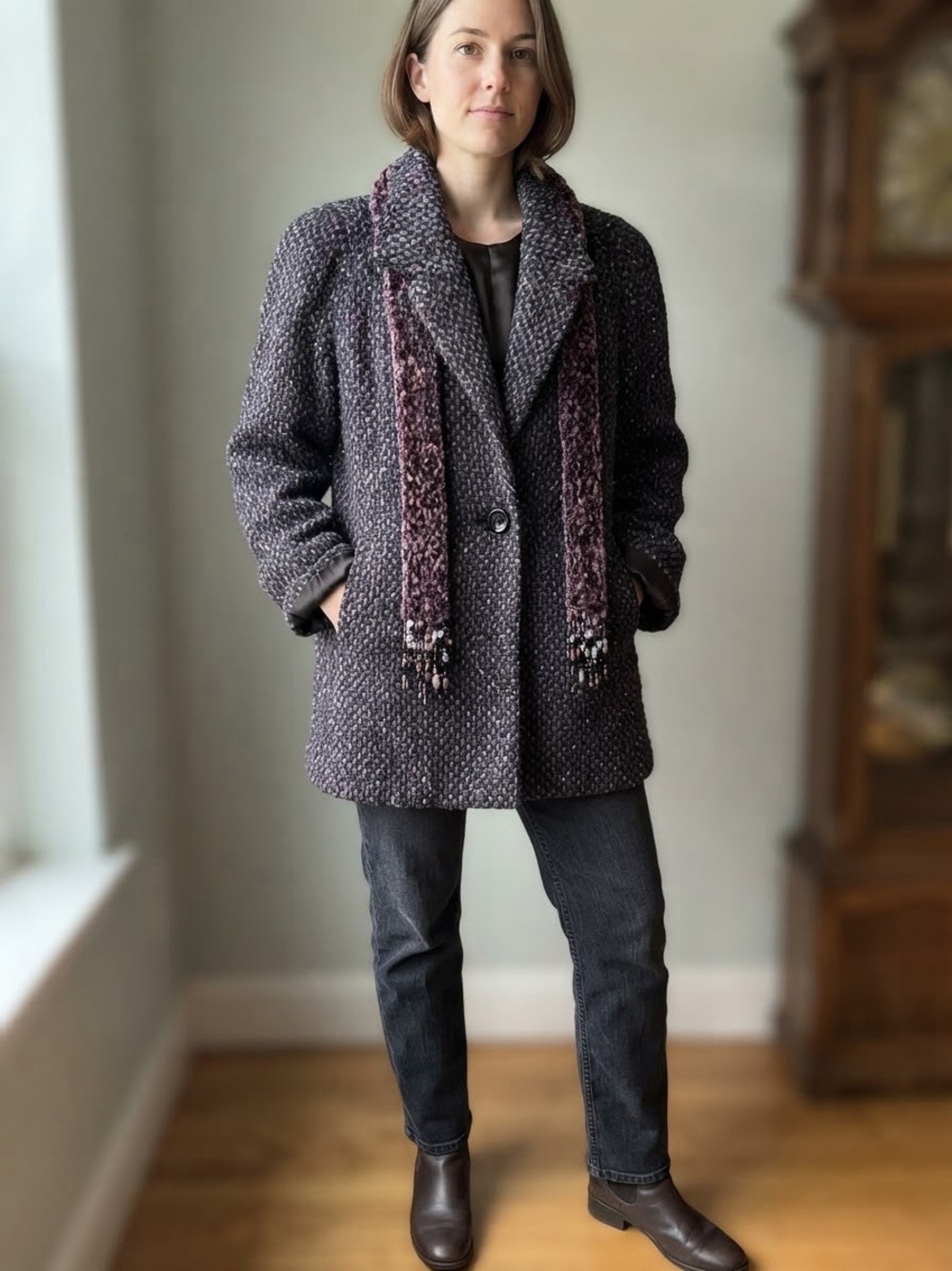 Women Textured Pea Coat in Charcoal